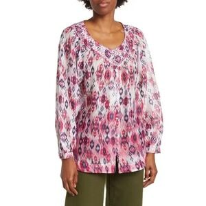 Beach lunch lounge Embroidered Blouse Pink Ikat Top Size Medium Button Up NEW